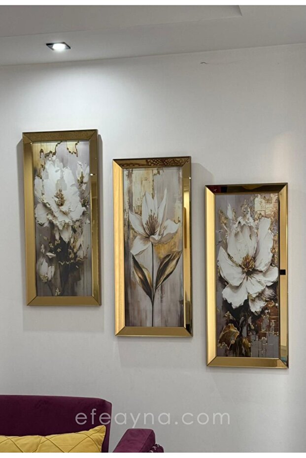 GOLD ÇİÇEKLER- 3'LÜ GOLD AYNA TABLO SETİ-30x70 cm (30x70cm x 3adet tablo ) - 1