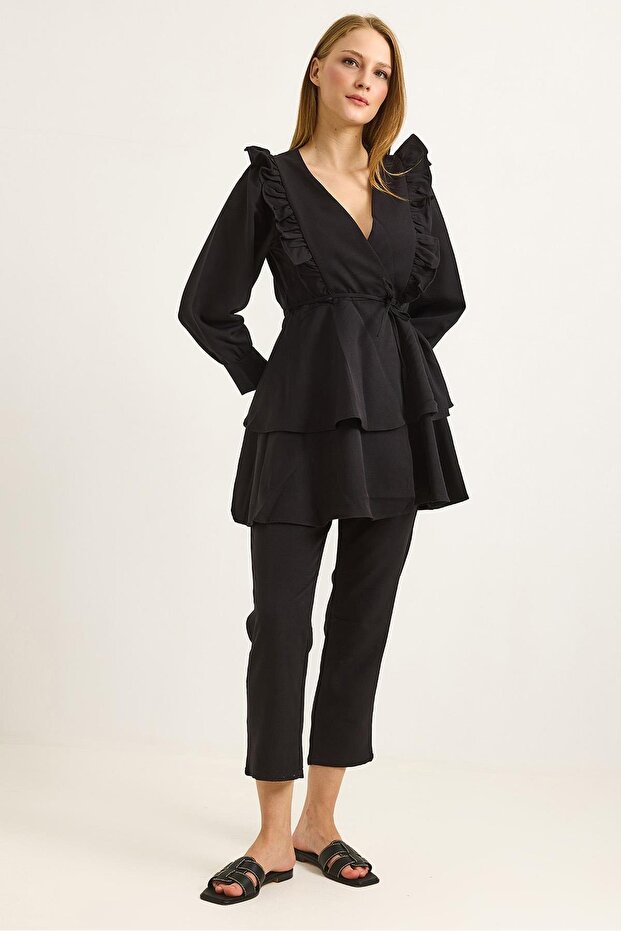 Frilly Rope Belted Tunic Double Set Black