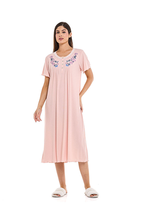 Embroidered Night Gown with Short Sleeves