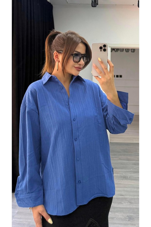 Blue Textured Long Sleeve Linen Shirt