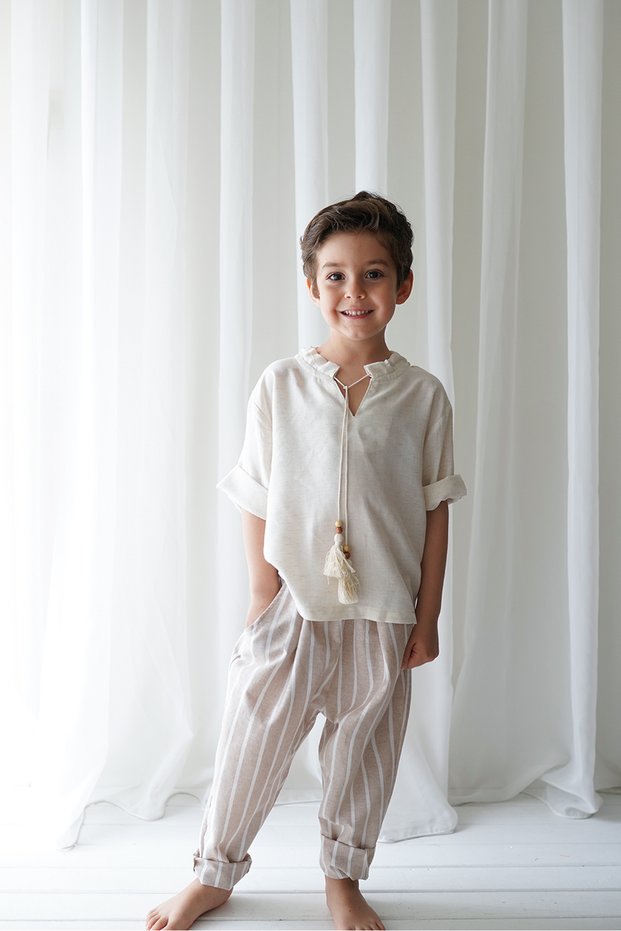Boy's Beige Ecru Line Linen Trousers + Cream Cotton Viscose Yarn Shirt