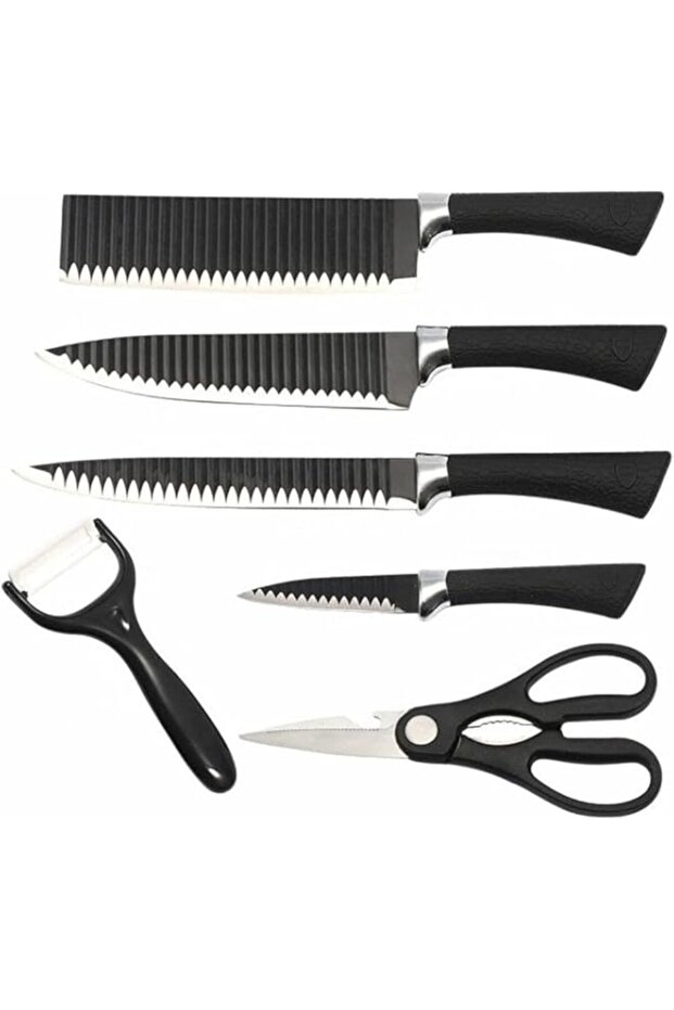 Professional Kitchen Knife Set, 6 Pieces, Stainless Steel with Non-Slip Handle, Black, Includes Chef Knife, Slicer, Chopper, Paring Knife, Peeler and Kitchen Scissors