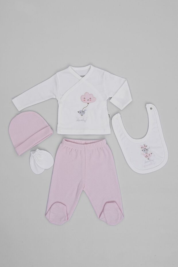Organic Cotton Cute Cloud and Birds Patterned 5 Piece Newborn Hospital Release Bodysuit Set