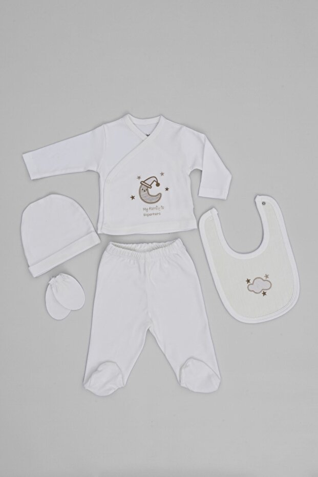 Organic Cotton Hat, Moon and Stars Patterned 5 Piece Newborn Hospital Release Bodysuit Set