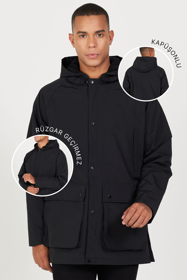 Men's Black Hooded Stand Collar Standard Fit Warm Windproof Coat