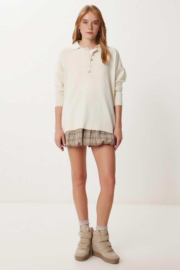 Women's Cream Polo Neck Stylish Buttoned Knitwear Sweater Ki̇00161