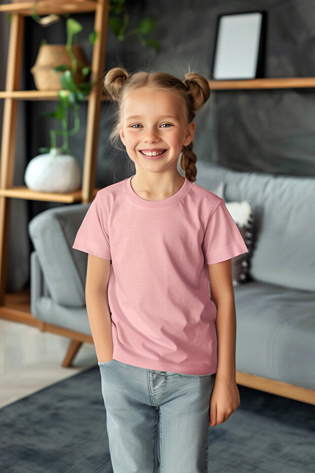 Beyaz-Pembe 2'li Kız Çocuk Pamuklu Basic Regular Kalıp Kısa Kol Örme T-Shirt TKDSS24TS00021 - 3