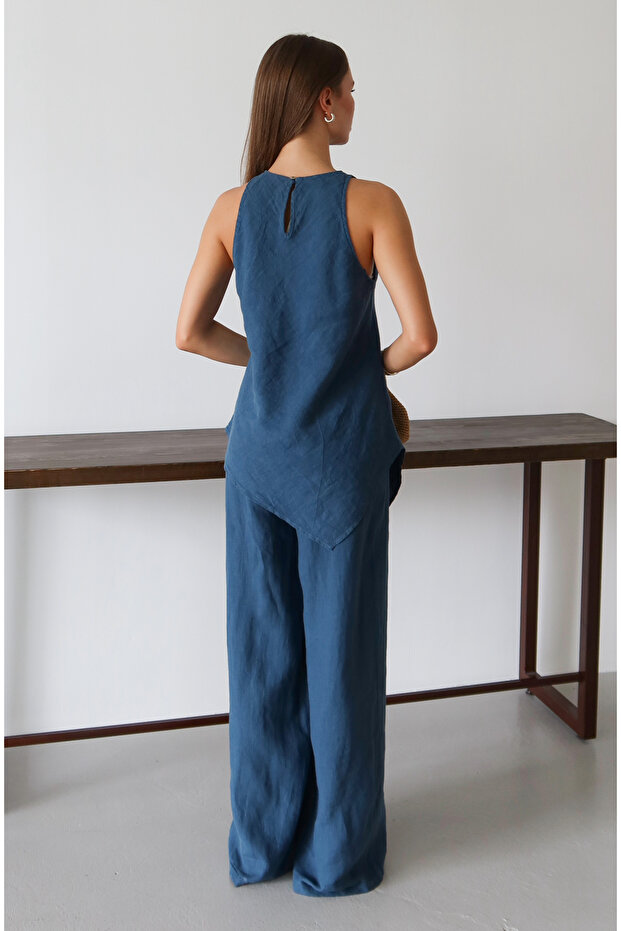 Indigo Keten Kolsuz Bluz ve Pantolon Dokuma Alt - Üst Takım TWOSS25AU00121 - 4