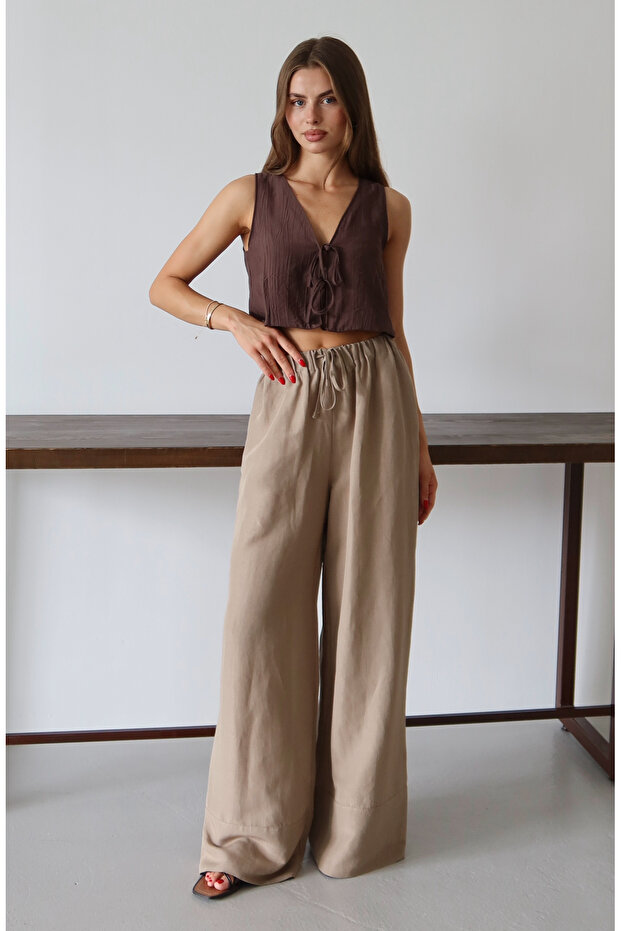 Wardrobe Essentials Vizon Keten İçerikli Geniş Paça Beli Lastikli Pantolon TWOSS25PL00124 - 2