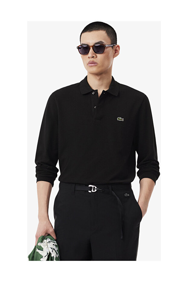 Poloshirt Langarmpoloshirt aus Petit Piqué mit gesticktem Logo