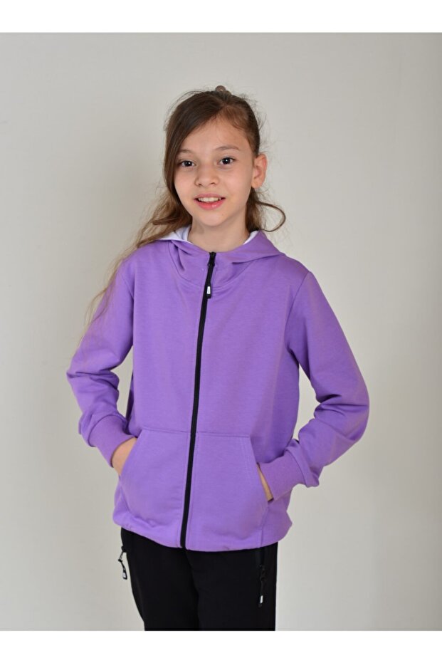 Unisex Kids Lilac Zippered Hooded 2 Thread Combed Cotton Cardigan 4-season