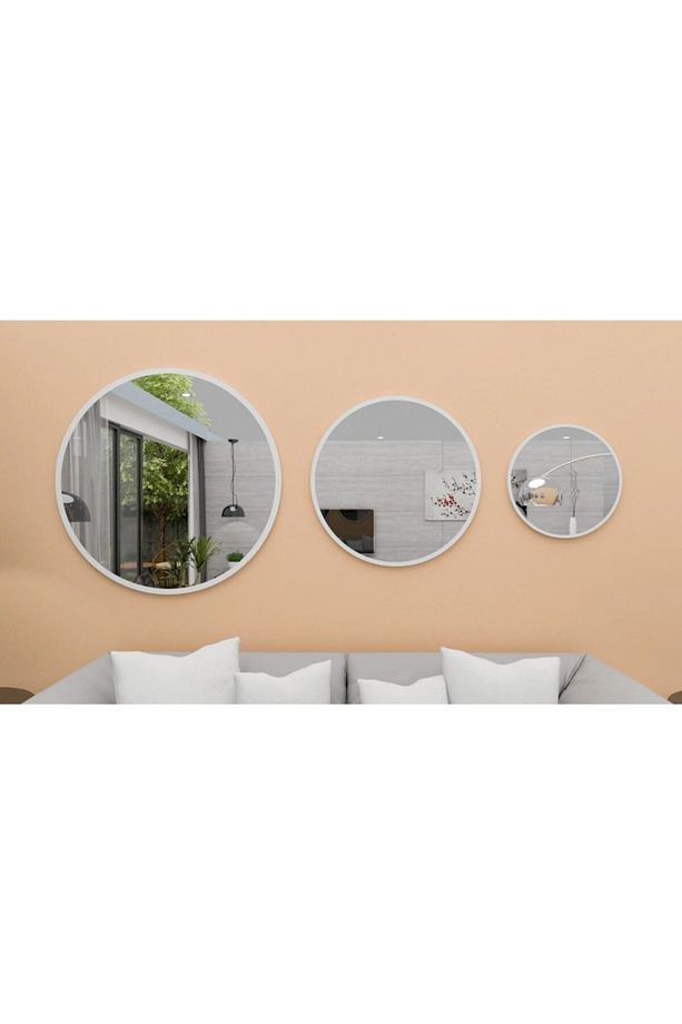 Ayna Dekoratif 3 Lü Yuvarlak Ayna Beyaz Set Banyo Salon Antre Hol Mutfak Duvar Ofis Banyo Wc - 1