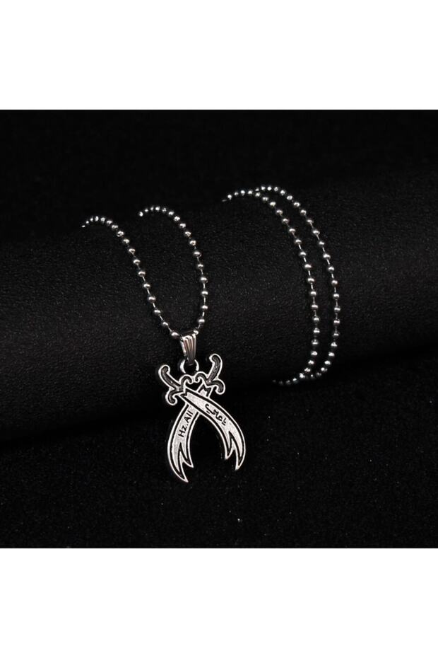 Religious Symbol Double Zulfikar Design Metallic Gray Men's Steel Necklace