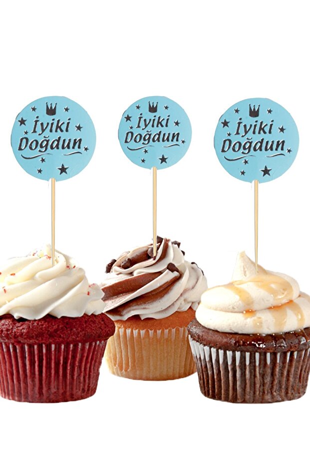 Blue Color Silver Written Happy Birthday Cake Top Toothpicks 20 Pieces