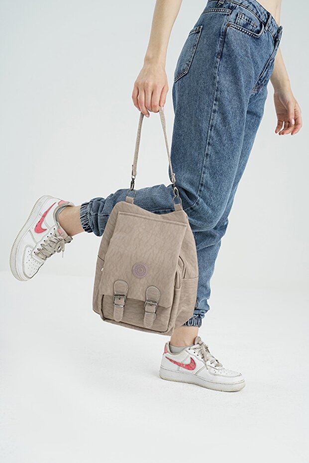 Mink Women's Crinkle Fabric School Backpack and Shoulder Bag - 4