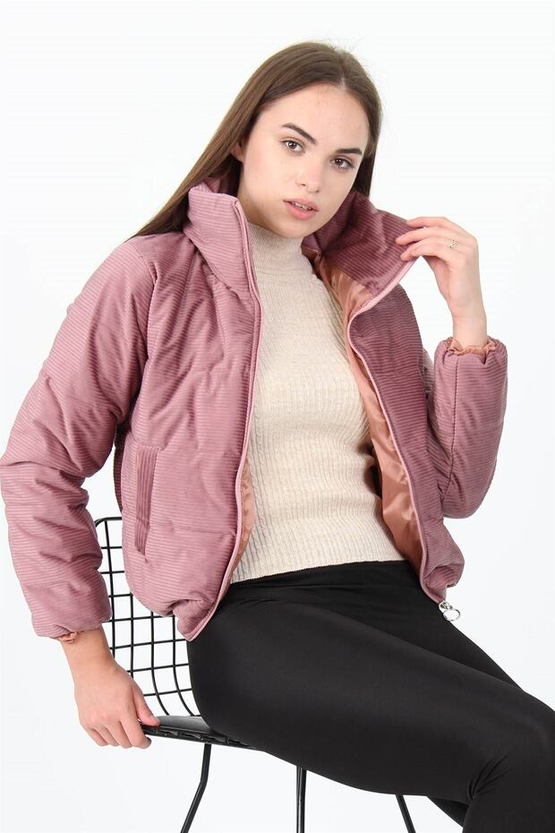 Women's High Collar Zipper Detailed Winter Velvet Coat with Pockets Nb7154