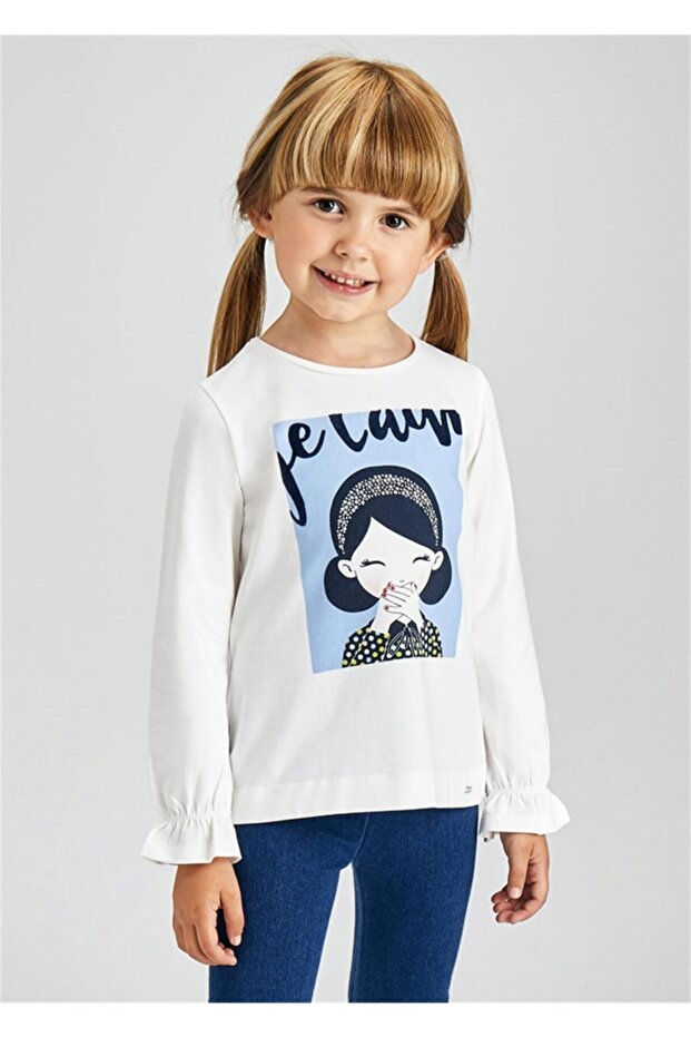 Girl's Long Sleeve Printed T-Shirt Cream 4009