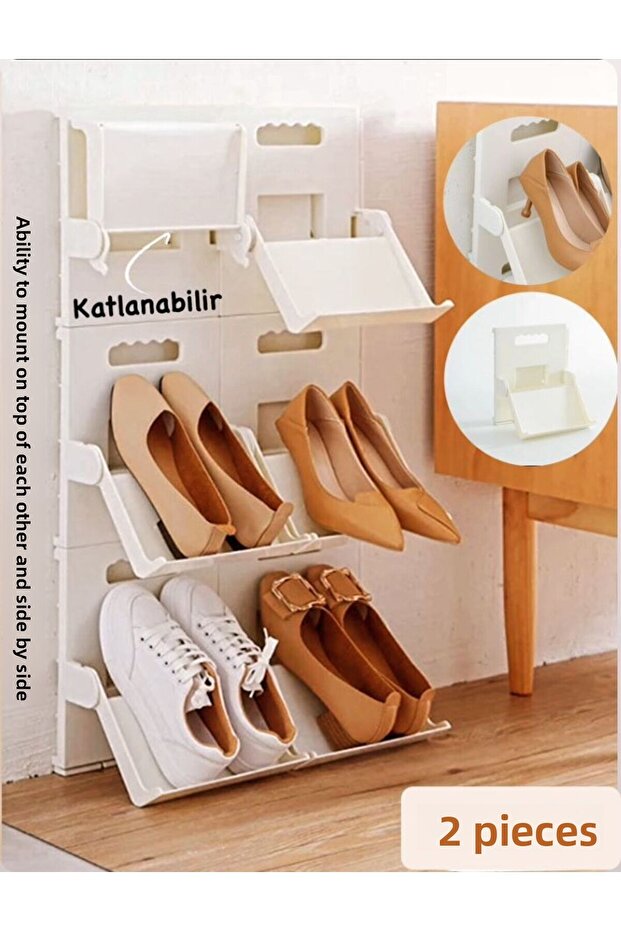 2 Pieces of Lyon Cream Shelf Vertical Rack - Multi-Layer Space Saving Slipper Organizer - 1