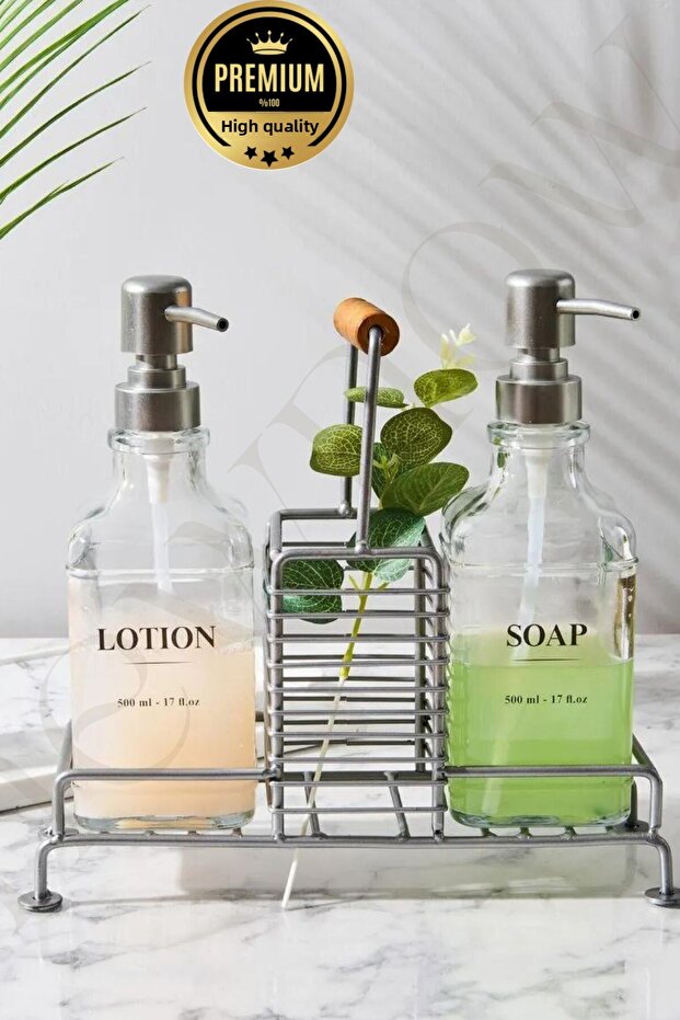 2 Piece Crystal Glass Stand Liquid Soap Dispenser, Liquid Detergent Dispenser, GRAY with label