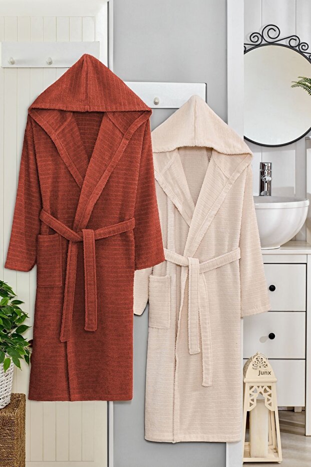 Nature Tile Beige Hooded Couple Bathrobe