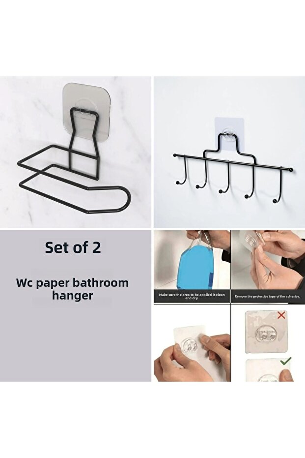 Set of 2 Super Adhesive Metal Toilet Roll Holder and Bathroom Hanger