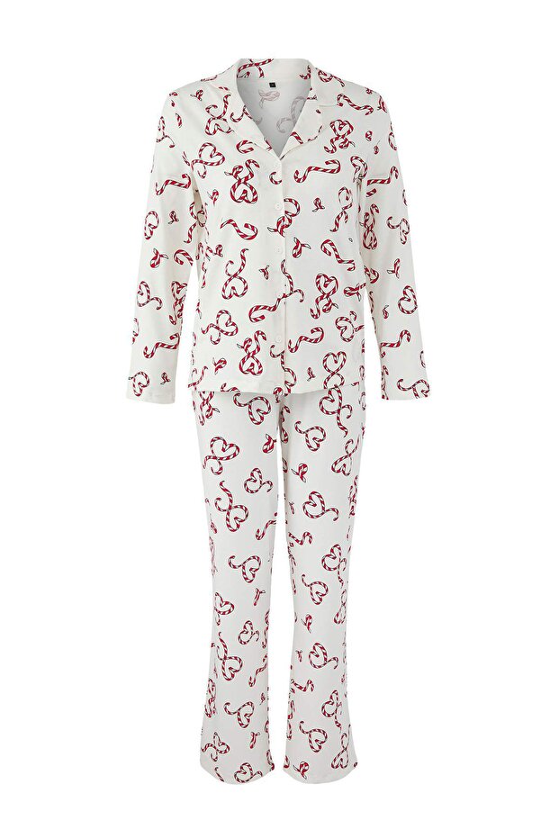 Ekru %100 Pamuklu Kalpli Gömlek Yaka Örme Pijama Takımı THMAW26PT00064 - 5