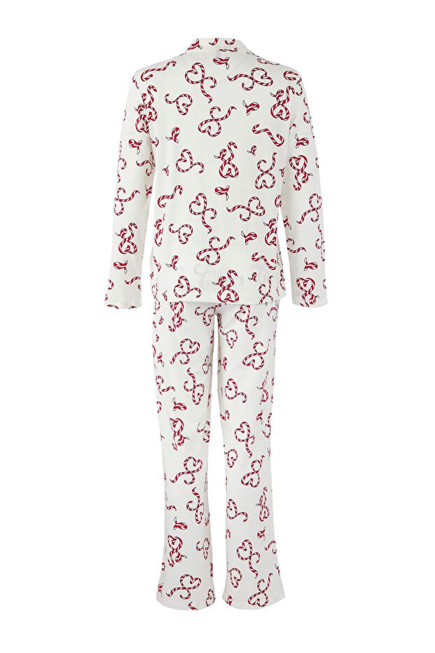 Ekru %100 Pamuklu Kalpli Gömlek Yaka Örme Pijama Takımı THMAW26PT00064 - 6