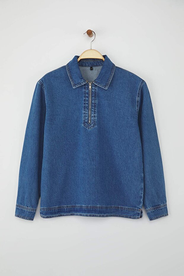 Mavi Fermuar Detaylı Denim Gömlek TWOAW26GO00002 - 5