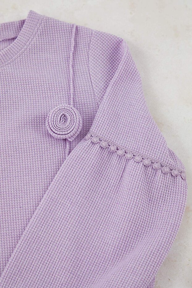 Lila Gül Aplikeli Düz Örme Kız Çocuk Dokulu Sweatshirt ve Eşofman Alt-Üst Takım TKDAW25AU00023 - 6