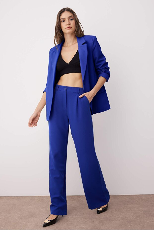 Mavi Yüksek Bel Wide Leg/Geniş Paça Pilili Dokuma Kumaş Pantolon TWOAW21PL0076 - 2