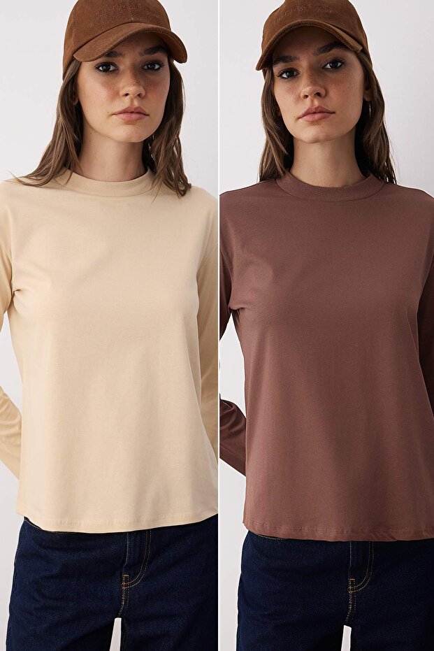 Kahverengi-Bej 2'li Paket %100 Pamuk Regular Kalıp Uzun Kollu Dik Yaka Örme T-Shirt TWOAW26TS00006 - 1