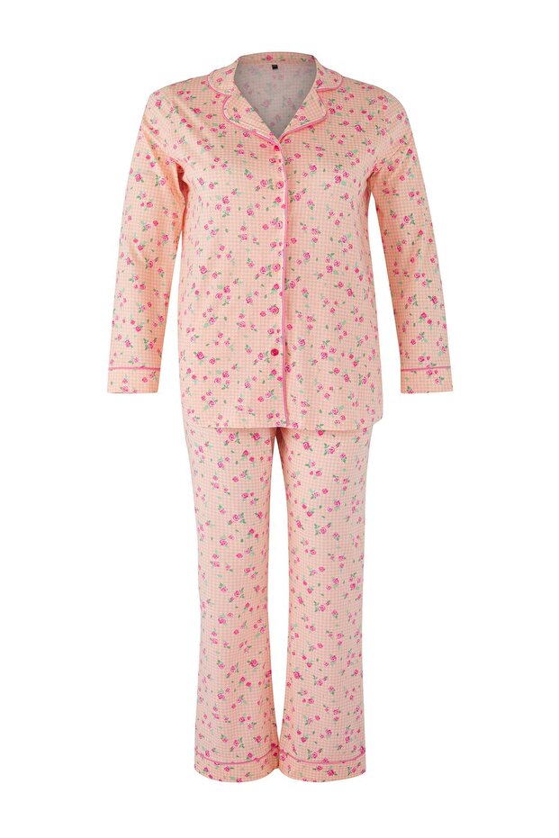 Pembe %100 Pamuklu Çiçekli Biyeli Örme Pijama Takımı TBBAW26AI00007 - 5