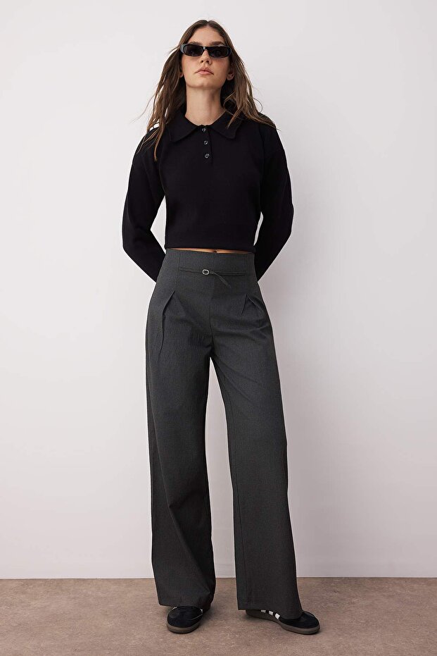 Antrasit Ufak Kemer Tokalı Wide Leg/Geniş Paça Pantolon TWOAW26PL00011 - 1