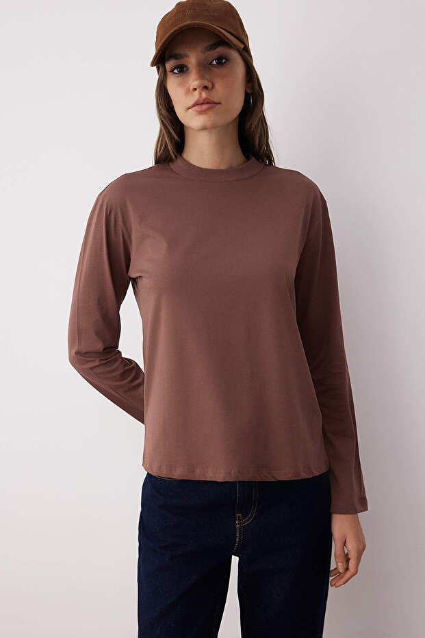 Kahverengi-Bej 2'li Paket %100 Pamuk Regular Kalıp Uzun Kollu Dik Yaka Örme T-Shirt TWOAW26TS00006 - 5