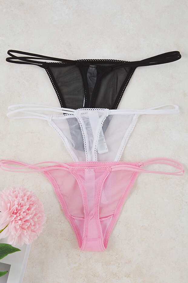 Siyah-Beyaz-Pembe 3'lü Paket Mesh/Tül Çift Sıra Bel Detaylı Tanga Örme Külot THMAW26KU00000 - 9