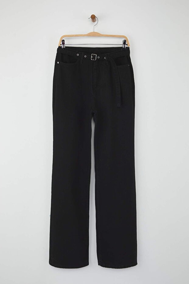 Wardrobe Essentials Siyah Yüksek Bel Kuş Gözü Detaylı Kemerli Wide Leg Palazzo Jeans TWOAW26JE00098 - 5