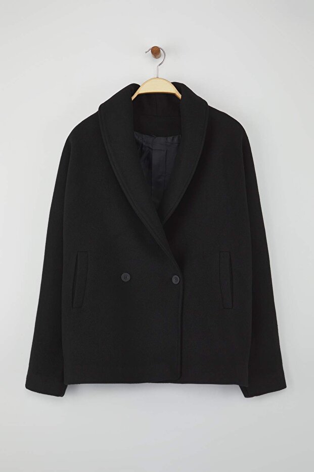 Siyah Regular Yünlü Oversize Kaşe Kısa Ceket Kaban TWOAW26DD00009 - 5