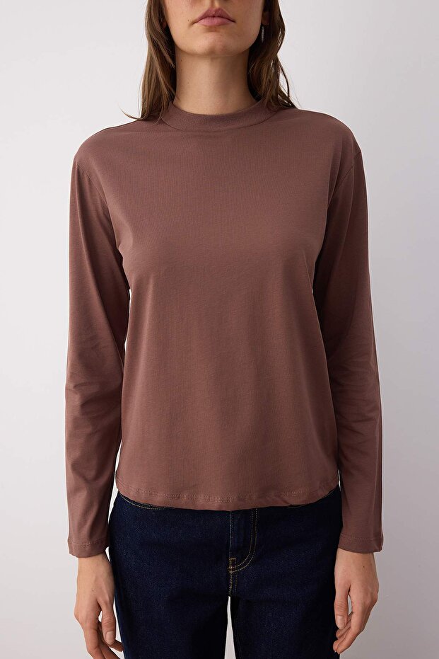 Kahverengi-Bej 2'li Paket %100 Pamuk Regular Kalıp Uzun Kollu Dik Yaka Örme T-Shirt TWOAW26TS00006 - 6