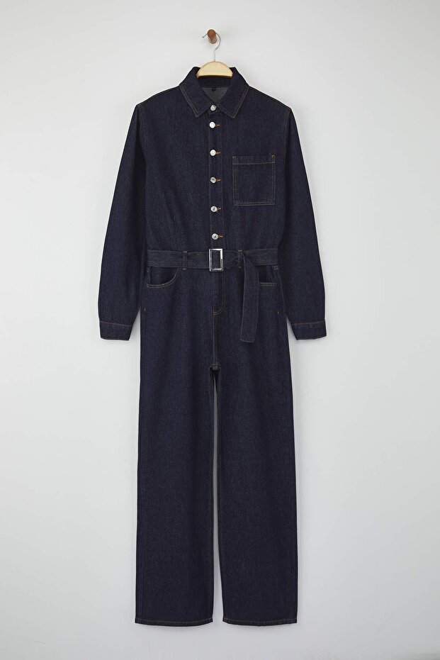 Koyu Mavi Kemerli Geniş Paça Denim Tulum TWOAW26TU00003 - 4