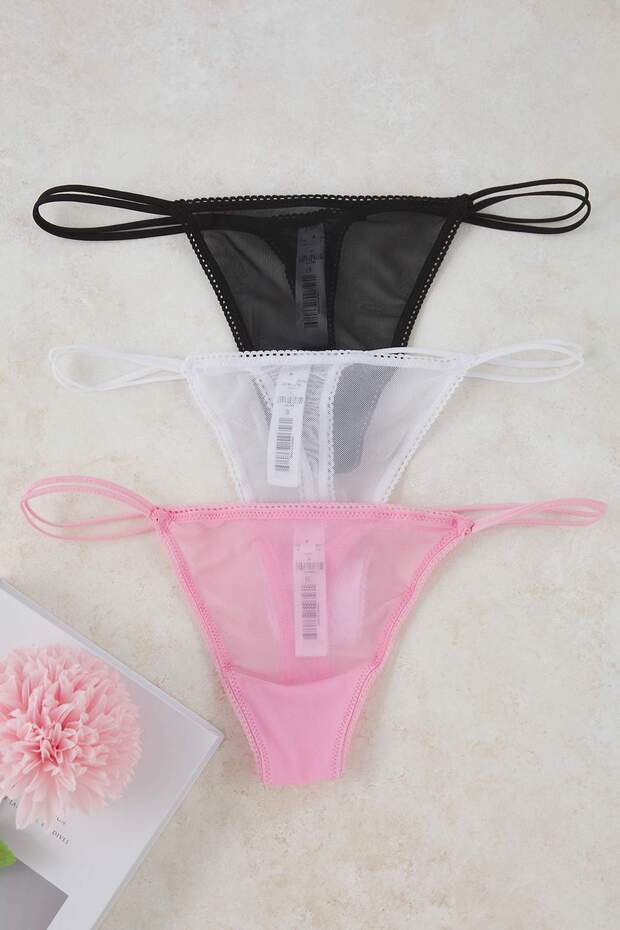 Siyah-Beyaz-Pembe 3'lü Paket Mesh/Tül Çift Sıra Bel Detaylı Tanga Örme Külot THMAW26KU00000 - 8