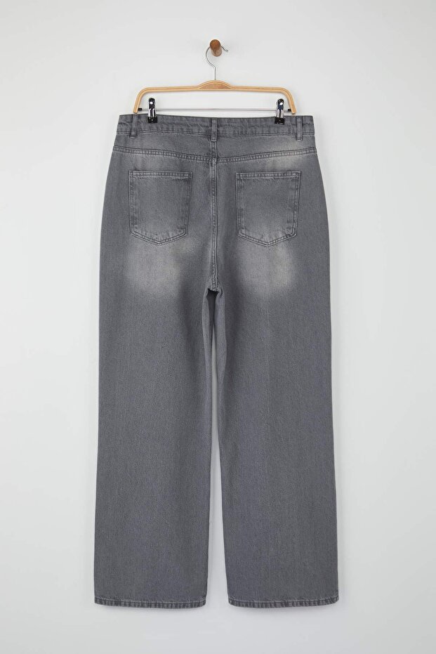 Gri Yüksek Bel Straight Fit %100 Pamuk Non-Strerch Denim Büyük Beden Jeans TBBSS24CJ00050 - 7