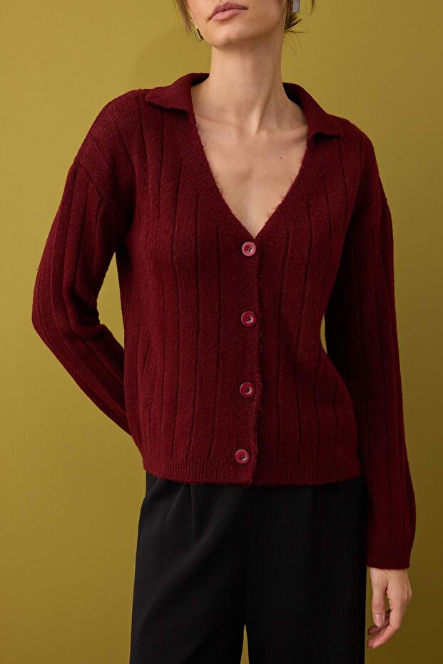 Bordo Yünlü Basic Polo Yaka Triko Hırka | TWOAW26HI00084 - 3