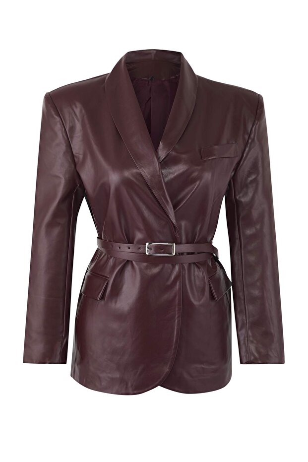 Bordo Kemerli Kruvaze Kapamalı Suni Deri Blazer Ceket TWOAW26BC00002 - 5
