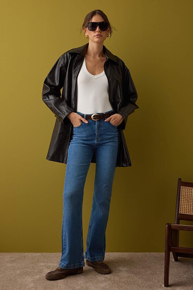 Mavi Yüksek Bel Comfort/Esnek İspanyol Paça Flare Jeans TWOAW26JE00047 - 1