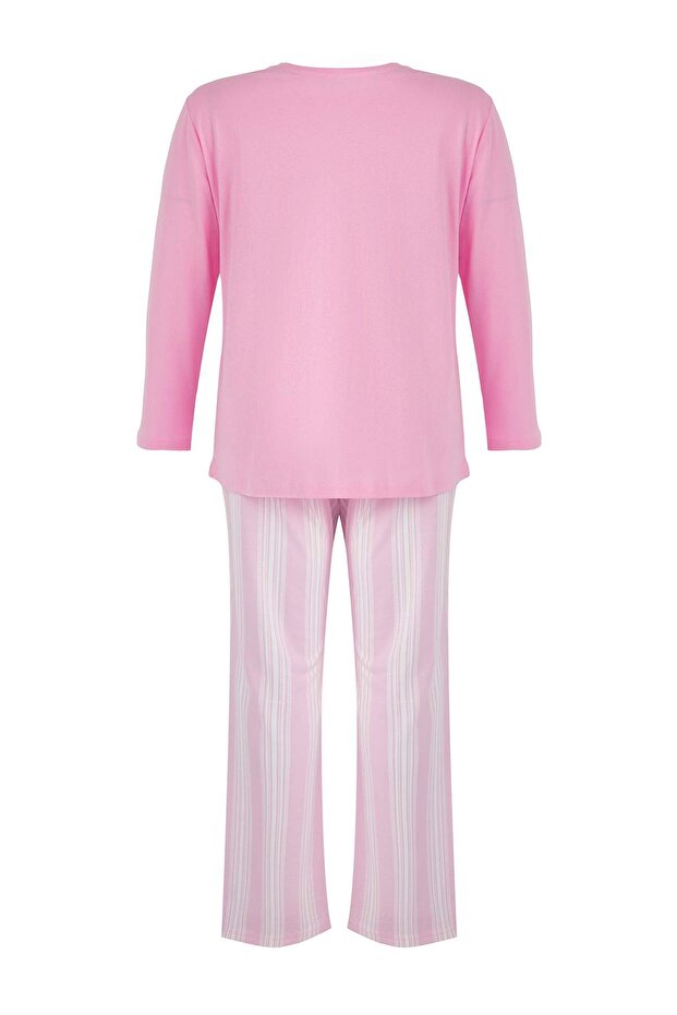 Pembe %100 Pamuklu Çizgili Örme Büyük Beden Pijama Takımı TBBAW26AI00014 - 7
