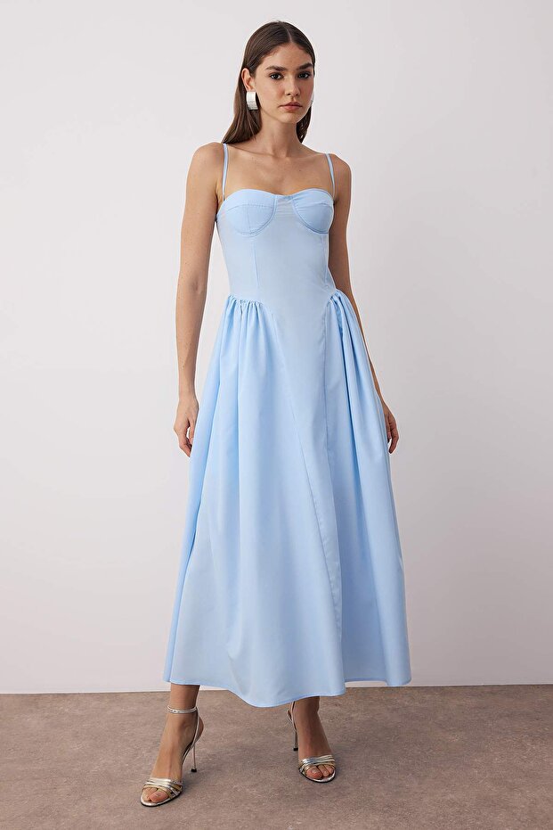 Світло-блакитна сукня міді А-силуету з тканого попліну TPRSS24EL00294 - 2