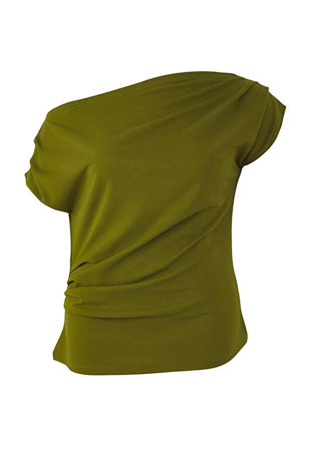 Yağ Yeşil Büzgü/Drape Detaylı Dökümlü Asimetrik Yaka Örme Bluz TBBSS25AF00119 - 5