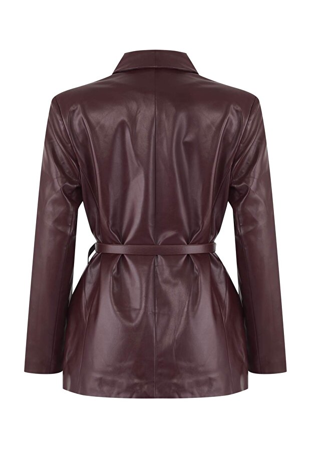 Bordo Kemerli Kruvaze Kapamalı Suni Deri Blazer Ceket TWOAW26BC00002 - 6
