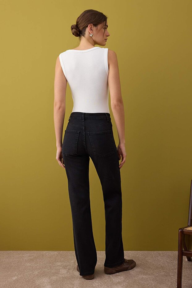 Siyah Normal Bel Geniş Paça Orta Esnek Straight Smoke Jeans TWOAW26JE00085 - 4