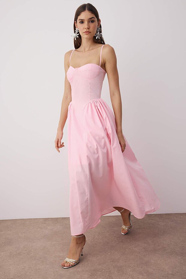 Pembe A-Kesim Poplin Dokuma Midi Elbise TPRSS24EL00294 - 1